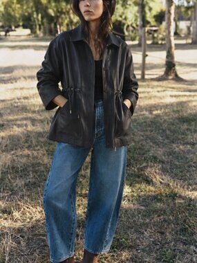 Classic Black Vegan Leather Jacket Oversized Drawstring Waist Utility Jacket